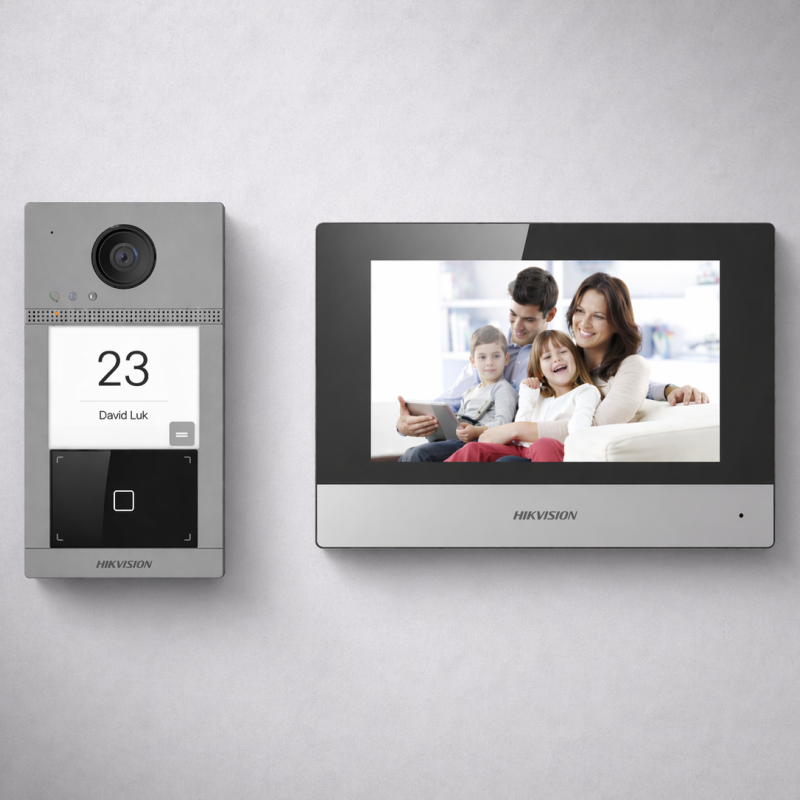 طقم هاتف باب مرئي IP من Hikvision مع شاشة داخلية 7 بوصات وقارئ بطاقات